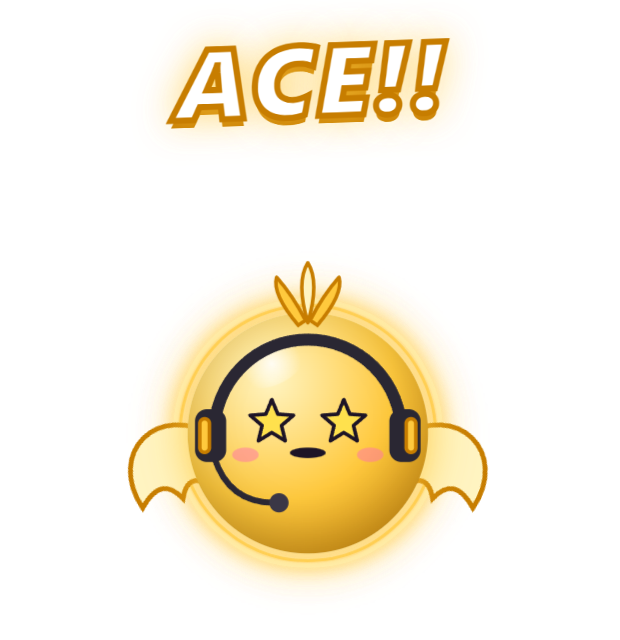Kawkaw, maskot bola roh bersayap berwarna emas dengan headset, berteriak ACE
